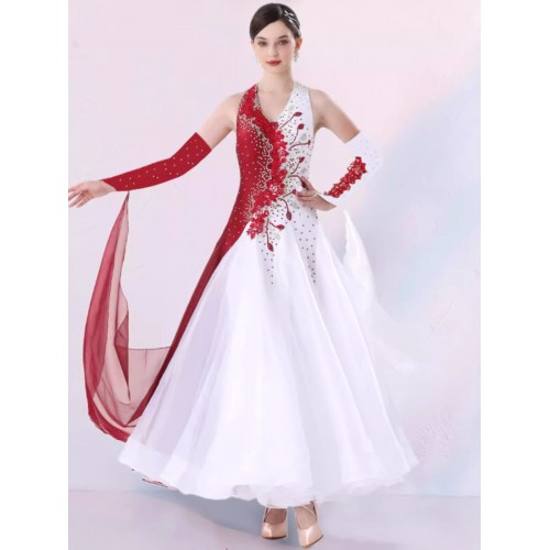 Wine with white gemstones competition ballroom dance dress with float sleeves for women young girls embroidered flowers waltz tango foxtrot smooth dance long gown